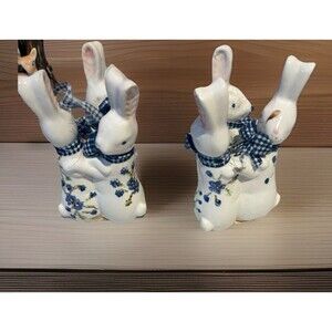 Vintage Style Ceramic Bunny Figurines Blue Floral Gingham Bow Easter Decor Pair